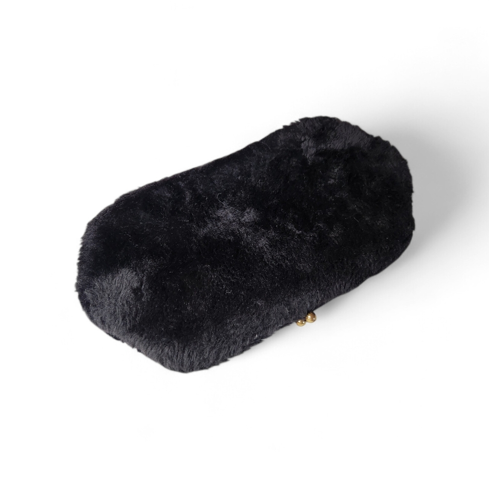 Vintage 1950s Black Faux Fur Kiss Lock Clutch Evening Bag Mid Century EM Frame